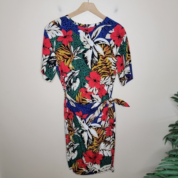 Vintage 90s Liz Claiborne | Colorful Tropical Print Faux Wrap Dress Size 8 - Picture 1 of 7